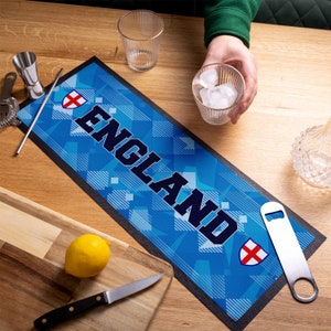 ENGLAND - Euro&#39;s -  Retro Mat - Bar Runner - Bar Mat - Barware - Mancave Accessory - Beer Mat - Home Bar Accessory - Football Party - Blue