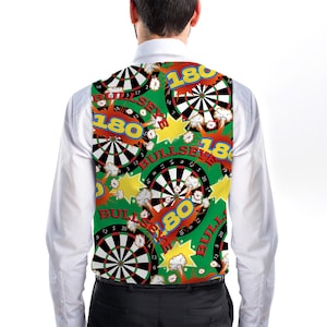 May include: A green, red, yellow and black waistcoat with a repeating pattern of dartboards and the words "Bullseye" and "180".