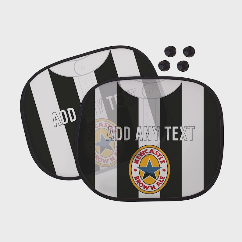 May include: Two black and white striped car sunshades with the text "ADD ANY TEXT". The sunshades have a Newcastle Brown Ale logo and four black suction cups.