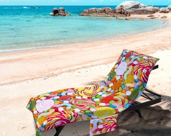 Multicoloured Sweets All Over - Full Length Sun Lounger Towel with Pockets