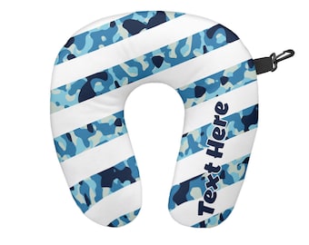 Personalised Blue Camo Stripe Travel Neck Pillow - Neck Support Cushion