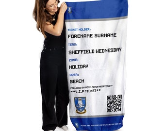 Sheffield Wednesday FC Ticket Design - Personalised Lightweight, Microfibre Beach Towel - 150cm x 75cm - Officially Licenced