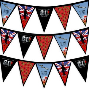 May include: A bunting banner with 10 triangular flags. The flags feature a red, white, and blue Union Jack, a silhouette of a soldier, red poppies, and the text "D-Day 80 Years 1944-2024" and "Remembering D-Day 80 Years On".