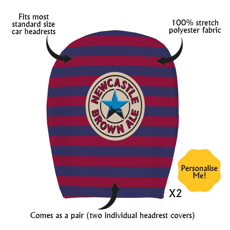 Op de afbeelding: Een paar rode en blauwe gestreepte auto hoofdsteunhoezen met een Newcastle Brown Ale logo. De hoezen zijn gemaakt van 100% stretch polyester stof en passen op de meeste hoofdsteunen van standaardformaat. De tekst "Personaliseer mij!" staat op een geel label.