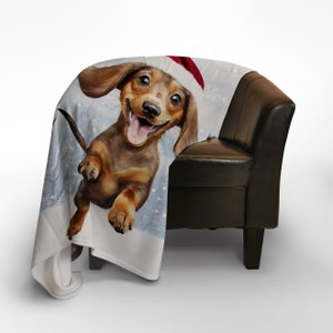 Dachshund Puppy Christmas Scene Fleece Throw Blanket | 150cm x 150cm Large Fleece Blanket | Made In England