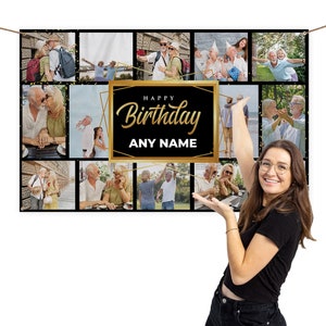 Black Fabric Happy Birthday Banner - Any Name - 5ft x 3ft - Celebration - Party