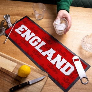 Inglaterra, Euro&#39;s, Tapete para cerveza, Camino de bar, Tapete para bar, Utensilios para bar, Mancave, Accesorio para bar en casa, Fiesta de fútbol, Leones rojos