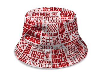 Liverpool - Word Montage Red & White - Bucket Hat -  Fashion Sun Cap Packable Outdoor Fisherman Hat Unisex