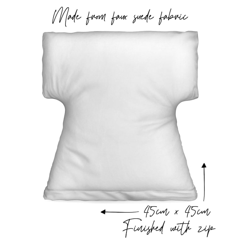 May include: White cushion cover made from faux suede fabric. The cushion is 45 inches by 45 inches and has a zipper closure. "Made from faux suede fabric" and "Finished with zip" are written on the image.