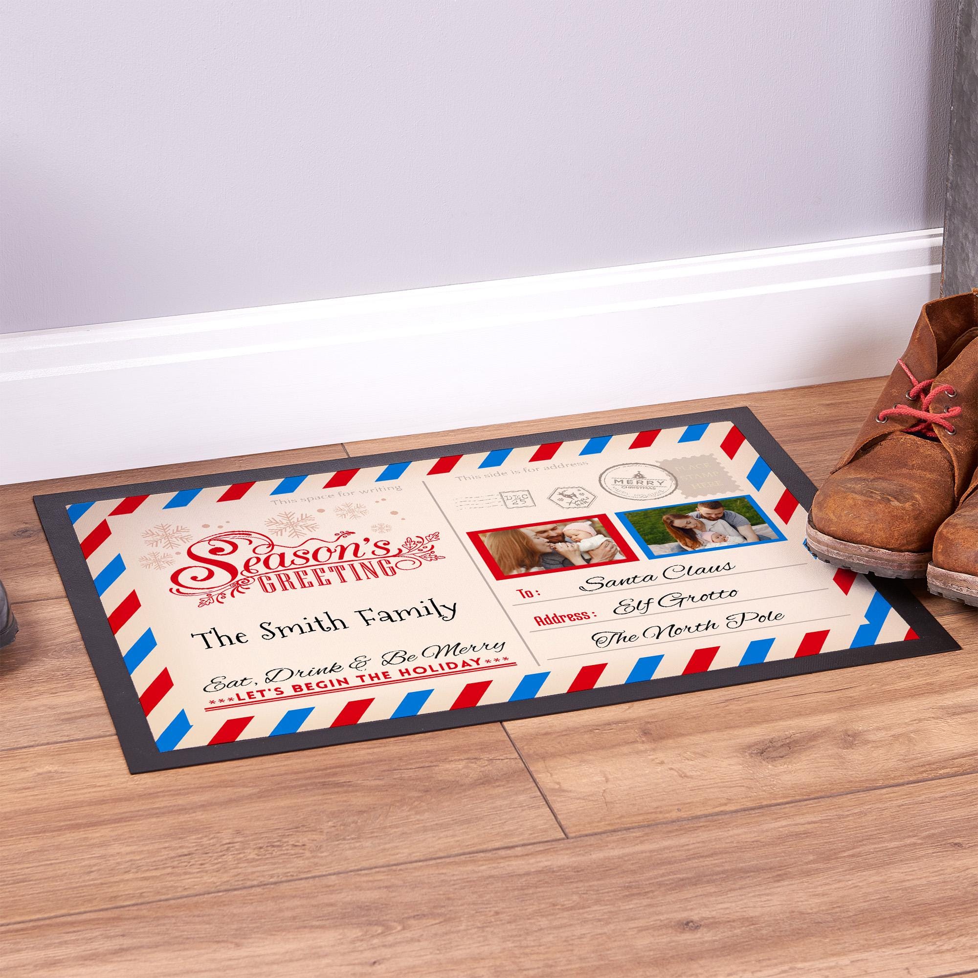 Discover Personalised Christmas Welcome Doormat with North Pole Letter Design