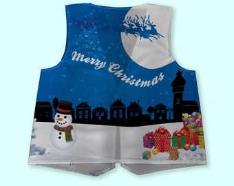 May include: A blue sleeveless vest with a Christmas scene. The vest features a snowy village, a snowman, Santa Claus flying in a sleigh pulled by reindeer, and the text "Merry Christmas".