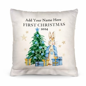 First Christmas - Pink or Blue Bunny - 26cm x 26cm - Personalised Text & Photo Cushion