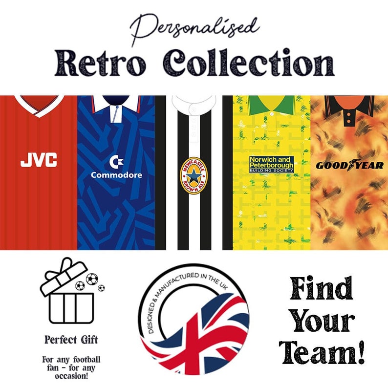 May include: A collection of five retro football jerseys with different sponsors and designs. The jerseys are red, blue, black and white, yellow, and orange. The text "Personalized Retro Collection" is at the top of the image. The text "Find Your Team!" is at the bottom of the image.