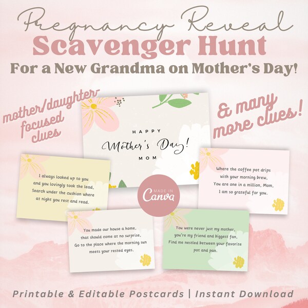 Editable Mother's Day Scavenger Hunt Template, Printable Grandmother Reveal Game DIY Surprise Pregnancy Announcement, Canva DIY Gift for Mom