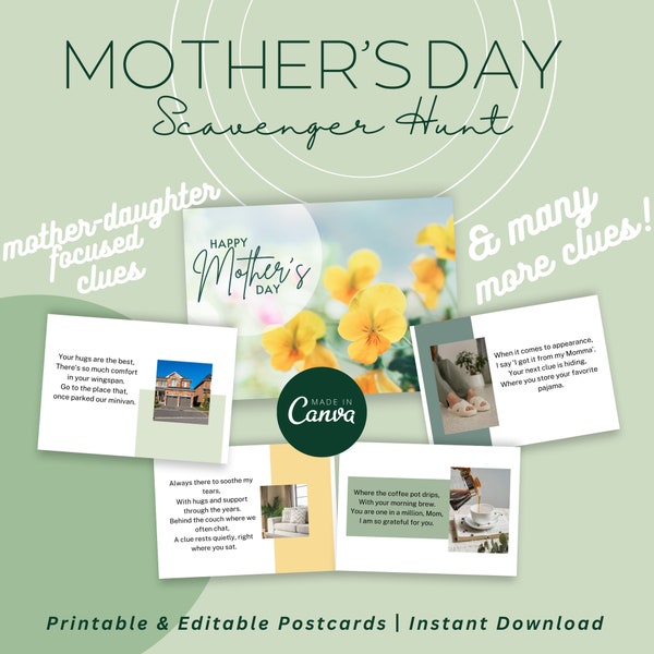 Editable Mother's Day Scavenger Hunt Template for Daughters - Printable Mom-Daughter Bonding Game - 10 Clue Adventure PDF - Canva DIY Gift