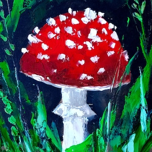 Pintura de setas rojas Mosca Agaric Arte original Impasto Paleta Cuchillo Paisaje americano Bosque Preppy Pintura 5 por 7 " por NikaSasArt