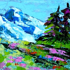 Montañas Montana Pintado a mano Paisaje americano Arte original Óleo Impasto Paleta Cuchillo Parque Nacional Preppy Pintura 6 por 6" por NikaSasArt