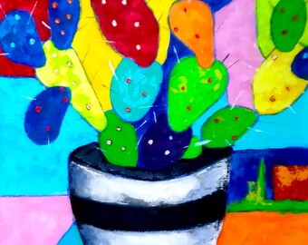 Cactus In Vase Painting Succulent Original Art Oil Canvas Impasto Palette Knife Flower Neon Color Preppy Painting  20 by 20" by NikaSasArt