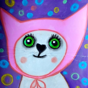 White Kitty Preppy schilderij kat handgeschilderde originele kunst Impasto Paletmes grappig dier kinderkamer decor 11 bij 15" door NikaSasArt