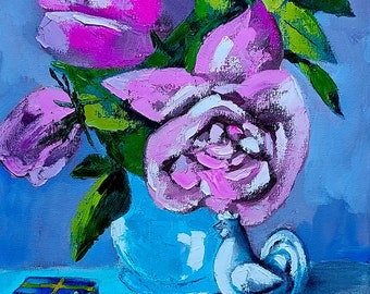 Rosenstrauß Handgemalte Blumen Original Kunst Impasto Spachtel Floral Natur Gemälde Optimistische Preppy Art 12 x 16" von NikaSasArt