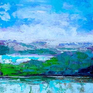 Pintura de montaña, paisaje marino, arte al óleo original, impasto, espátula, paisaje americano, naturaleza, pintura preppy, 8 x 8 pulgadas, de NikaSasArt