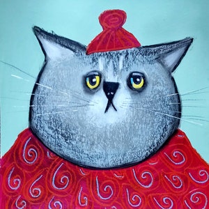 Grijze kat schilderij Kitty handgeschilderde originele kunst Impasto paletmes grappige dieren kinderen preppy schilderij 14 bij 15" door NikaSasArt