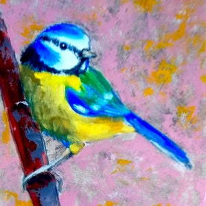 Pájaro Titmouse Pintura Pájaro Arte Original Óleo Impasto Pallet Cuchillo Titmouse Retrato Hermoso Pájaro Optimista Preppy Pintura por NikaSasArt