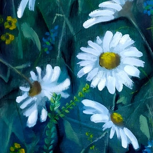 Daisy Field Painting Flower Original Art Oil Impasto Palette Knife Floral Meadow Wildflower Chamomile Preppy Artwork 12 by 8&quot; by NikaSasArt