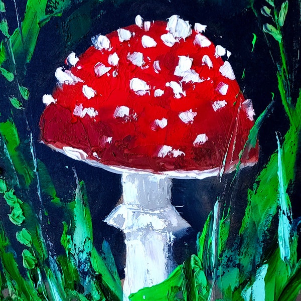 Agaric de mouche peinte à la main champignon rouge Original art empâtement couteau à palette Montana paysage d'automne bois preppy Art 5 x 7" par NikaSasArt