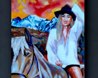 Preppy Cowboy Girl Painting Western Original Art Arizona Pintura Paleta Cuchillo Montaña Paisaje Pintura 12 por 16" por NikaSasArt