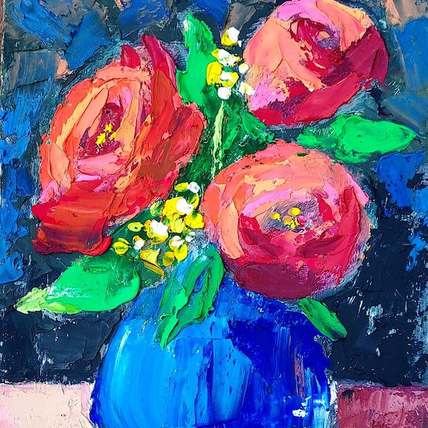 Rose rouge empâtement peinture vase art original huile couteau à palette Bouquet de fleurs floral nature morte optimiste preppy peinture par NikaSasArt