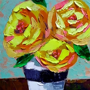 Rosas amarillas, jarrón, arte original, empastado, espátula, ramo floral, bodegón optimista, arte pequeño de 15 x 20 cm de NikaSasArt