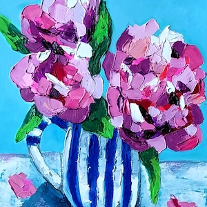 Pintura de flores de peonías en jarrón, arte original, impasto, espátula, ramo de peonías rosas, naturaleza muerta floral, pintura preppy de NikaSasArt