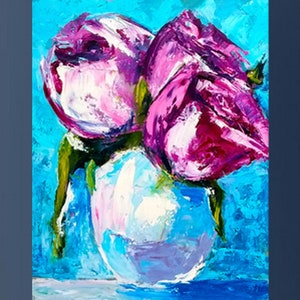Buquê de rosas de verão para pintura formal vaso arte original buquê de flores rosa óleo impasto faca de paleta floral natureza morta 8 por 6" por NikaSasArt