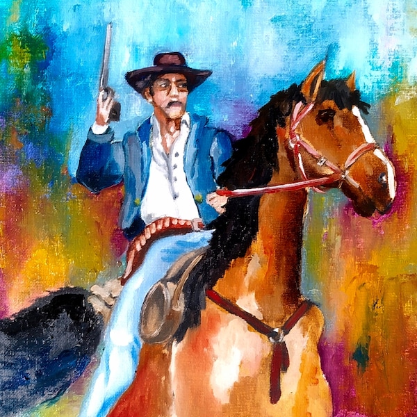 Portrait de cow-boy peint à la main Western Art original toile empâtement couteau à palette cheval paysage américain art preppy 10 par 10" par NikaSasArt