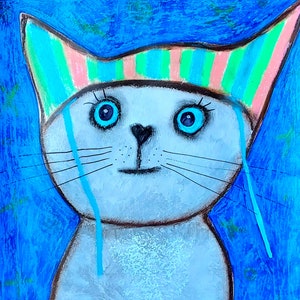 Grijze Kitty schilderij kat handgeschilderde originele kunst Impasto paletmes grappige dieren kinderen preppy schilderij 13 bij 15" door NikaSasArt