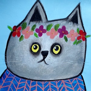 Lovely Kitty Preppy Painting Cat Hand Painted Original Art Impasto Palette Knife Funny Animal Children Room Decor 13 by 15" by NikaSasArt