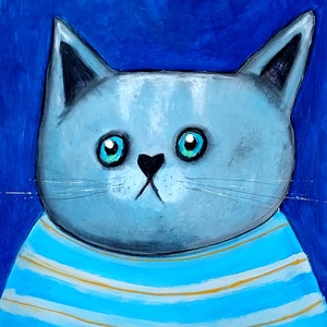 Grijze Kitty Preppy schilderij kat handgeschilderde originele kunst Impasto paletmes grappige dieren kinderen kamer decor 14 bij 15" door NikaSasArt