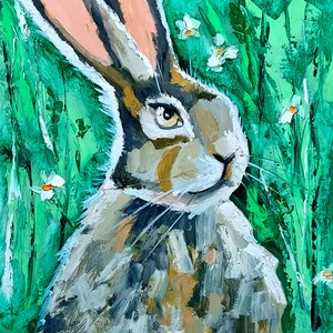 Pintura de coelho fino, arte original, óleo, paleta, faca, parque nacional, vida selvagem, animal, retrato, pintura elegante, 10 por 10" por NikaSasArt