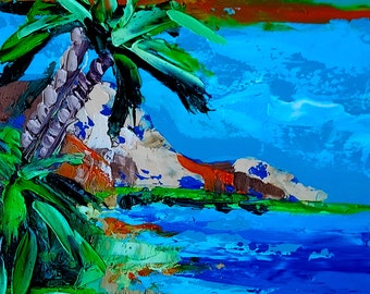 Tropische Palmen Gemälde Palme Original Kunst Öl Impasto Spachtel Hawaii Strand Meereslandschaft Ozean Küstengemälde von NikaSasArt