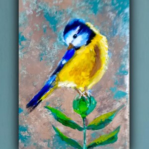 Pintura de pájaro carbonero pintada a mano, arte original, óleo, impasto, espátula, retrato de carbonero, pintura preppy optimista de NikaSasArt