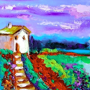 Pintura de paisagem de campo de flores, arte original floral, óleo impasto, espátula, pintura de campo de papoulas, 6 por 8" por NikaSasArt