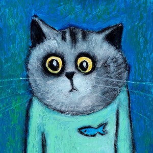 Portret Kitty Malowanie Kot Malowany Ręcznie Oryginalna Sztuka Impasto Paleta Nóż Zabawne Zwierzę Dzieci Preppy Malowanie 9 na 11" autorstwa NikaSasArt