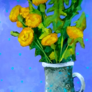 Fiori gialli Dipinto Fiore Tarassaco Vaso Arte originale Impasto Spatola Bouquet Ottimista Preppy Natura morta di NikaSasArt