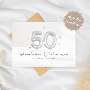 Tarjeta de cumpleaños con motivo de 50 globos plateados - tarjeta imprimible para el 50 cumpleaños, tarjeta plegable para imprimir - DIN A6 - descarga digital