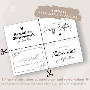 May include: Four printable birthday cards with black text on a white background. The cards say "Happy Birthday", "Herzlichen Gl&uuml;ckwunsch zum Geburtstag", "Alles Gute zum Geburtstag", and "Auf Dich Herzlichen Gl&uuml;ckwunsch zum Geburtstag".