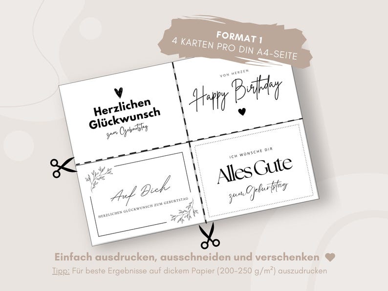 May include: Four printable birthday cards with black text on a white background. The cards say "Happy Birthday", "Herzlichen Gl&uuml;ckwunsch zum Geburtstag", "Alles Gute zum Geburtstag", and "Auf Dich Herzlichen Gl&uuml;ckwunsch zum Geburtstag".
