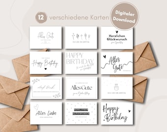 12 Birthday Cards to Print - Set of A6 Cards to Print - Postcards - Birthday - Black and White - Instant Download - Last Minute