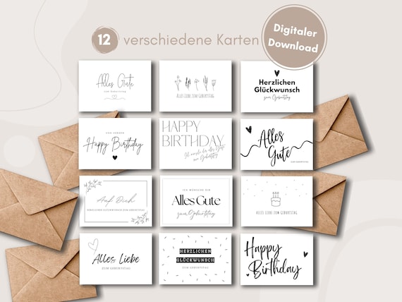 12 Geburtstagskarten zum Ausdrucken - Set A6 Karten zum Drucken - Postkarten - Geburtstag - Schwarz weiß - sofortiger Download - Last Minute