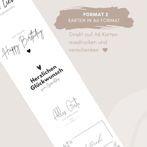 May include: Four printable birthday card designs in black and white with a heart symbol. The text on the cards reads "Alles Liebe zum Geburtstag", "Happy Birthday", "Herzlichen Gl&uuml;ckwunsch zum Geburtstag", and "Alles Gute zum Geburtstag". The cards are formatted for printing on A6 size paper.